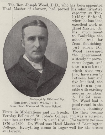 Pastori Joseph Wood, DD, Harrow Schoolin uusi päällikkö tekijältä English Photographer