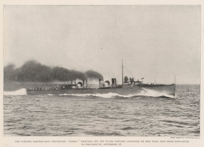 Turbine Torpedo-Boat Destroyer Cobra haaksirikkoutui Outer Dowsing Sandbankilta koematkallaan Newcastlesta Portsmouthiin 18. syyskuuta tekijältä English Photographer