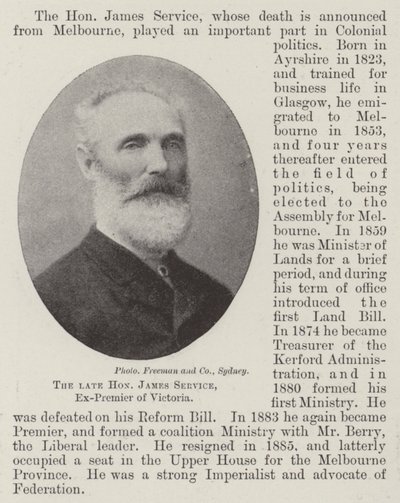 Edesmennyt kunniallinen James Service, Victorian entinen pääministeri tekijältä English Photographer