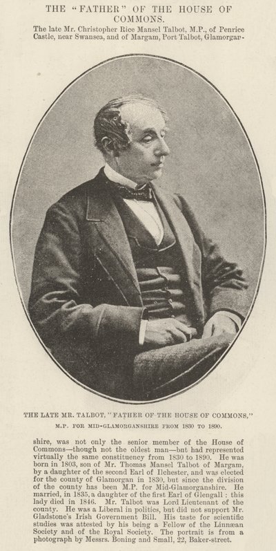 Edesmennyt herra Talbot, alahuoneen isä, Mid-Glamorganshiren kansanedustaja 1830-1890 tekijältä English Photographer