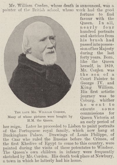 Edesmennyt herra William Corden, jonka kuvista HM the Queen osti monet tekijältä English Photographer