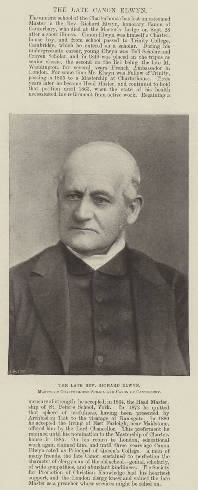 Edesmennyt pastori Richard Elwyn, Charterhouse Schoolin mestari ja Canterburyn kanoni tekijältä English Photographer
