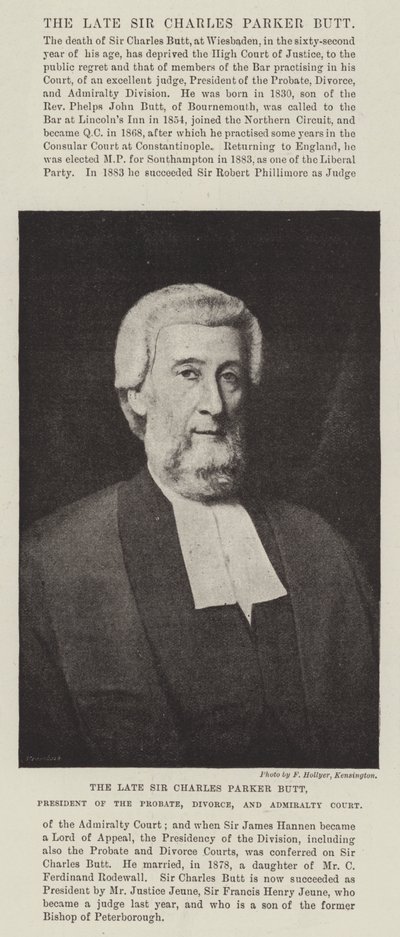 Edesmennyt Sir Charles Parker Butt, testamentti-, avioero- ja amiraliteettituomioistuimen presidentti tekijältä English Photographer