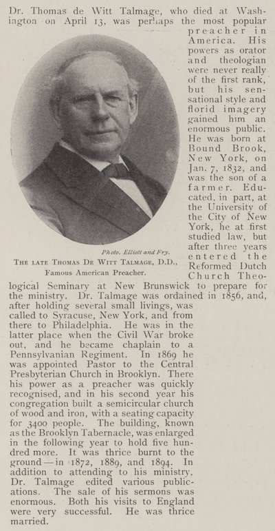 Edesmennyt Thomas de Witt Talmage, DD, kuuluisa amerikkalainen saarnaaja tekijältä English Photographer