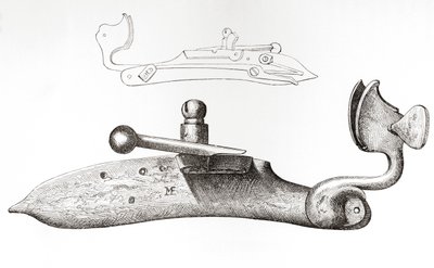 1600-luvun Matchlock. Mekanismi tai lukko, jota käytetään ampumaan kädessä pidettävästä tuliaseesta, British Army: Its Origins, Progress and Equipment, julkaistu 1868. tekijältä English School
