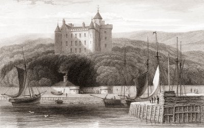 1800-luvun näkymä Dunrobinin linnalle, Sutherland, Skotlanti. Churtonin muotokuva- ja maisemagalleriasta, julkaistu 1836. tekijältä English School