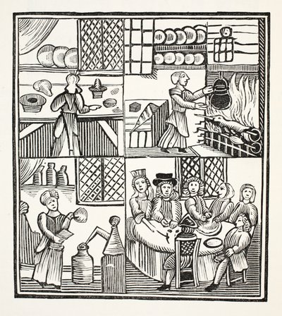 Kokoelma ruoanlaittokuitit, kuvitus 1800-luvun Chap-booksista, kirjoittanut John Ashton, pub. 1882 tekijältä English School