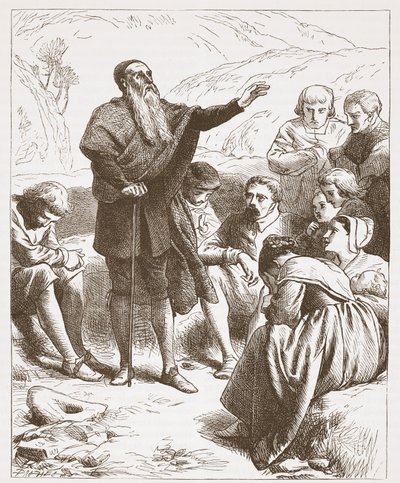A Conventicle: Jumalanpalvelus kukkulan puolella, esimerkki James Aitken Wylien (1808-1890) teoksesta The History of Protestantism, pub. 1878 tekijältä English School
