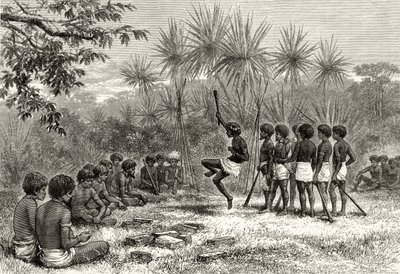 Corroboree, n. 1880, Howard Willoughbyn "Australian Pictures" -julkaisusta, julkaisija Religious Tract Society, Lontoo, 1886 tekijältä English School
