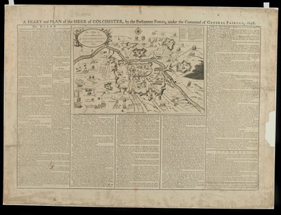 Päiväkirja ja kuvasuunnitelma Colchesterin piirityksestä 1648, painanut ja myynyt W. Keymer, 1648 tekijältä English School