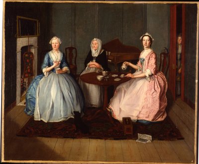 Perhe sisätiloissa juomassa teetä, n. 1740 tekijältä English School
