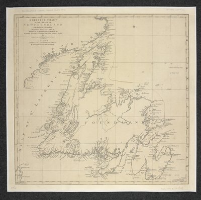 Newfoundlandin saaren yleinen kartta kivillä ja luotauksilla, piirretty tutkimuksista ... James Cook ja Michael Lane tekijältä English School