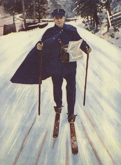 Saksalainen postimies suksilla (väri litho) tekijältä English School