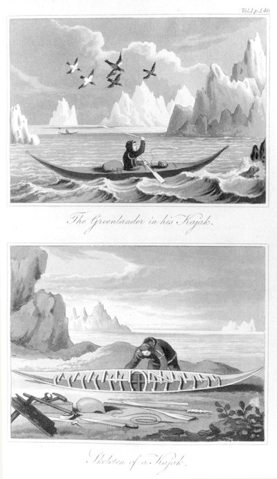 Grönlantilainen ja hänen kajakkinsa, David Crantzin Grönlannin historiasta, 1820 tekijältä English School