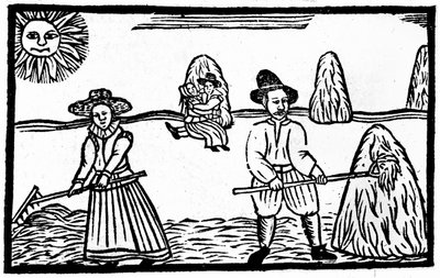 Sadonkorjuukohtaus, kuvitus teoksesta "A Book of Roxburghe Ballads" tekijältä English School