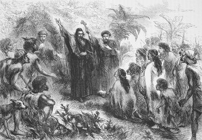 Jesuiittalähetyssaarnaaja saarnaamassa intiaaniheimolle, esimerkki James Aitken Wylien (1808-1890) teoksesta The History of Protestantism, pub. 1878 tekijältä English School