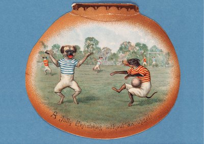 Iloinen joulu ilman järkytyksiä!, joulukortti koirien välisestä jalkapallo-ottelusta, n. 1890-luku tekijältä English School
