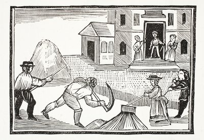 Mies leikkaa ruohoa viikateellä, joka vei kaiken ennen sitä, kuvitus John Ashtonin kirjasta Chap-books of the Eightenth Century, pub. 1882 tekijältä English School
