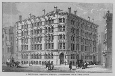 Manchester Warehouse, Portland Street, herrat Clegg ja Knowles, arkkitehdit. Kuvitus The Builderille tekijältä English School