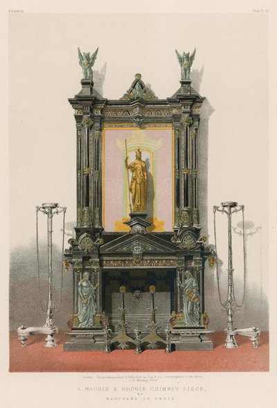 Pariisilaisen Marchandin marmorista ja pronssista valmistettu savupiippu (chromolitho). tekijältä English School