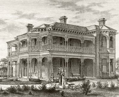 Melbournen esikaupunkitalo, noin 1880, Howard Willoughbyn "Australian Pictures" -julkaisusta, julkaisija Religious Tract Society, Lontoo, 1886 tekijältä English School