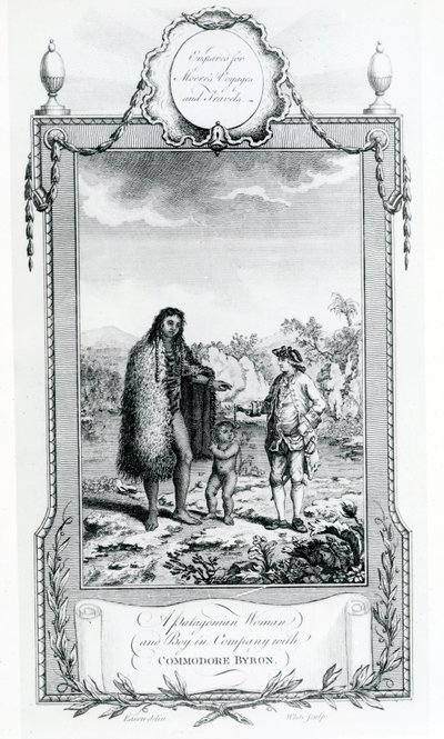 Patagonialainen nainen ja poika kommodore Byronin seurassa, kuva otettu Moores Voyages and Travelsista, 1778 tekijältä English School