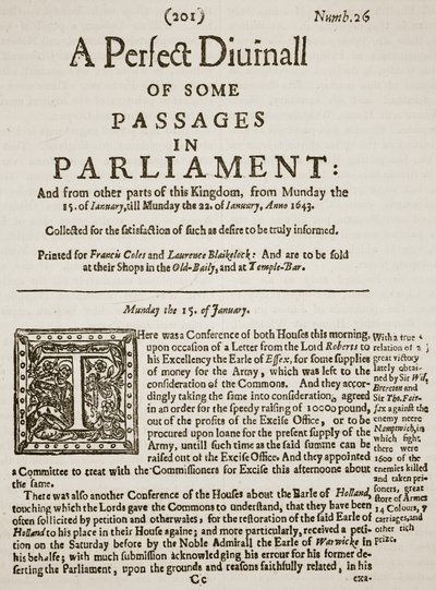 A Perfect Diurnall, faksimile numeron 26, 1643 etusivusta, kuvitus Cassells Illustrated History of Englandista (seepiakuva) tekijältä English School