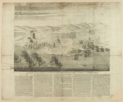 Perspektiiviluonnos Carthagenan kaupungista, satamasta ja linnoituksista vuonna 1739, julkaistu 1741 (viivakaiverrus) tekijältä English School