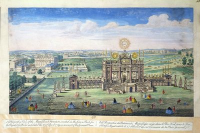 Perspektiivinäkymä upeasta rakennuksesta, joka on pystytetty Vihreään puistoon Royal Fireworksille, 1749 tekijältä English School