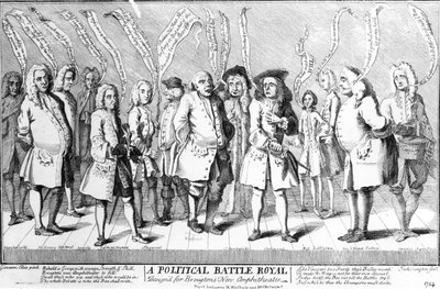 Poliittiset Battle Royale -suunnitelmat Broughtons New Amphitheatrelle, n. 1743 tekijältä English School