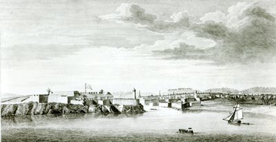 Näkymä Moron linnaan ja Havannan kaupunkiin mereltä, Pierre Charles Canotin kaiverrus Britannian laivaston upseerin piirustuksesta, 1818 tekijältä English School
