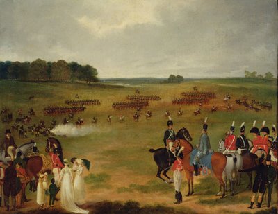 Katsaus Lontoon vapaaehtoisen ratsuväen ja lentävästä tykistöstä Hyde Parkissa vuonna 1804, n. 1804 (öljy aluksella paneelissa) tekijältä English School