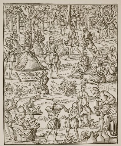 Kuninkaallinen piknik, George Turbervillen Noble Art of Venerie and Hunting -lautanen, 1575 (seepiakuva) tekijältä English School