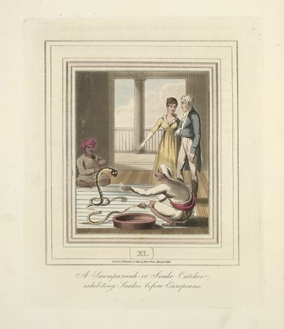 Saumpareeah tai käärmeensieppaaja, joka esittelee käärmeitä eurooppalaisten edessä, n. 1824 (väri litho) tekijältä English School