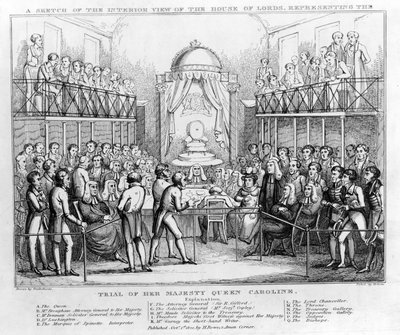 Luonnos sisäkuvasta House of Lordsista, joka edustaa hänen majesteettinsa kuningatar Carolinen oikeudenkäyntiä, pub. 1820 (b/w kaiverrus) tekijältä English School