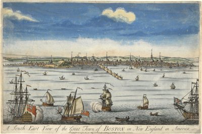 Kaakkoisnäkymä Bostonin suuresta kaupungista Uudessa Englannissa…, n. 1730 (käsinvärinen kaiverrus) tekijältä English School