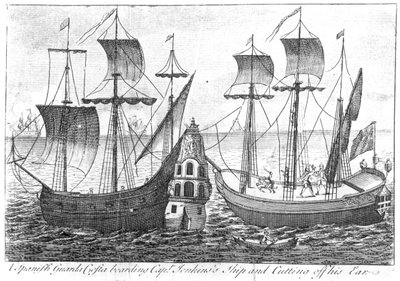 Espanjalainen "Guarda Costa" (rannikkovartiosto) astuu kapteeni Jenkinsin laivaan ja leikkaa hänen korvansa, 1731 tekijältä English School