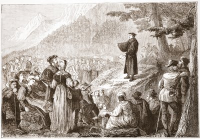 Sveitsiläinen uskonpuhdistaja saarnaamassa laumalleen avoimella kentällä, esimerkki James Aitken Wylien (1808-1890) teoksesta The History of Protestantism, pub. 1878 tekijältä English School