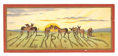 Viktoriaaninen joulukortti auringonlaskusta, joka heittää varjoja aasin rivistä, jossa lukee "Hyvää joulua", noin vuodelta 1880 tekijältä English School
