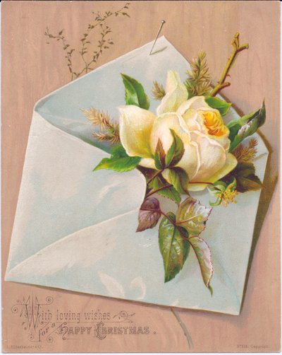 Viktoriaaninen joulukortti, jossa on kirjekuori, josta ulkonee ruusu, n. 1880 tekijältä English School