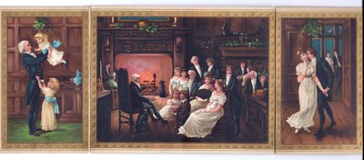 Viktoriaaninen joulukortti isästä ja hänen lapsistaan, isästä kertomassa tarinaa perheryhmälle ja herrasmiehestä, joka yrittää suudella naista misletoen alla, n. 1880 tekijältä English School