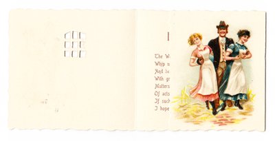 Viktoriaaninen onnittelukortti herrasmiehestä, jossa on kaksi piikaa, noin vuodelta 1880 tekijältä English School