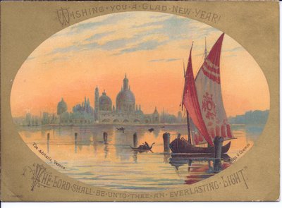 Viktoriaaninen uudenvuodenkortti, jossa vene ja gondolit Adrianmerellä, Venetsia, n.1880 (värilitografia). tekijältä English School