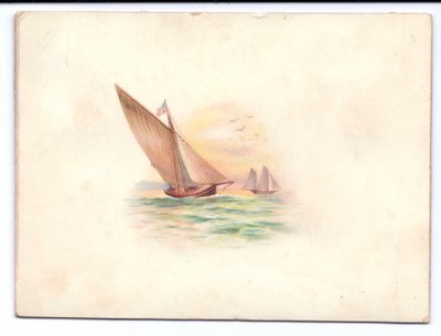 Viktoriaaninen uudenvuoden kortti, jossa jahdit purjehtivat kuunvalossa, n. 1895 tekijältä English School