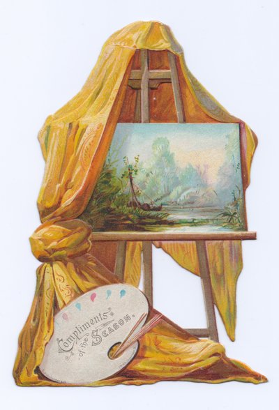 Viktoriaaninen muotoon leikattu kortti, jossa on maalaus taiteilijan maalaustelineellä, jonka päällä on verho, n. 1880 (värilitografia). tekijältä English School