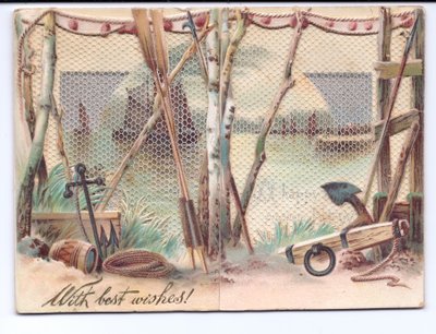 Viktoriaaninen onnittelukortti purjelaivoista nähtynä sideverkon läpi, n. 1880 tekijältä English School