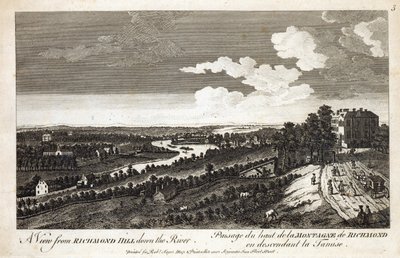 Näkymä Richmond Hilliltä jokea pitkin, painettu Robert Sayer Map und Printseller, Fleet Street, toimeksiannosta tekijältä English School