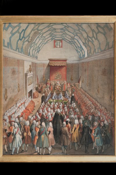Näkymä House of Lordsista, kaiverrus Benjamin Cole (fl.1748-75) n.1755 (käsinvärinen kaiverrus) tekijältä English School