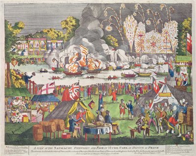 Näkymä Naumachysta, ilotulitus ja messu Hyde Parkissa rauhan kunniaksi, julkaissut G. Thompson, 1814 tekijältä English School