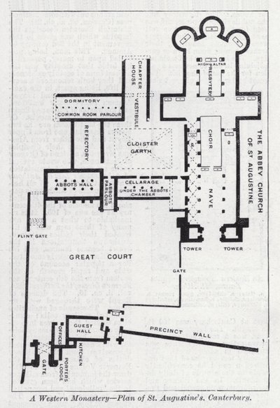 Länsi-luostari, St Augustinuksen suunnitelma, Canterbury (litho) tekijältä English School